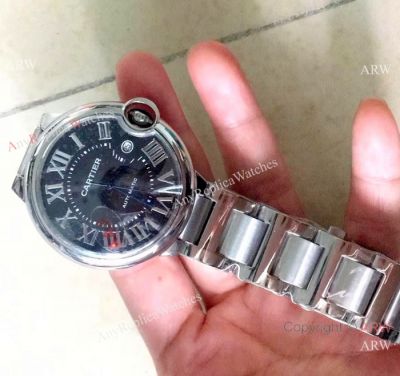 Copy Cartier Ballon Bleu De 42mm Black Roman Face Watch Stainless Steel 